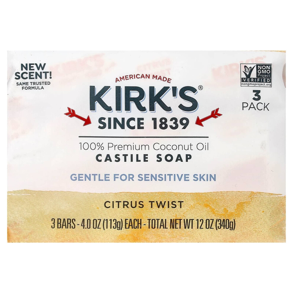 Kirk's , 100% Premium Coconut Oil Castile Bar Soap, Citrus Twist, 3 Bars, 4 Oz (113 G) Each