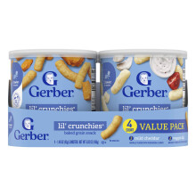 Gerber, Snack per Bambini, Lil' Crunchies, Snack di Grano Cotto, 8+ Mes, Mild Cheddar e Dip di Verdure, 4 Canister, 1,48 oz (42 g) Ogni