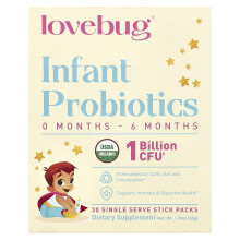 LoveBug Probiotitikset, Vauvan Probiotitikset, 0-6 Kuukautta, 1 Miljardi CFU, 30 Yksittäinen Palautus Pehmolevyä, 0.05 oz (1.5 g) Kunkinä