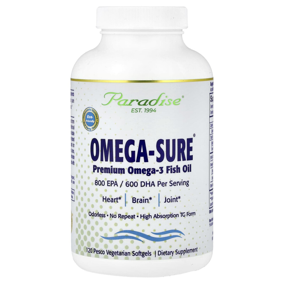 Zdjęcia - Witaminy i składniki mineralne Paradise Herbs, Omega-Sure, Premium Omega 3 Olej z Ryby, 1 000 mg, 120 Pesco-Weganskich Miękkich kapsułek