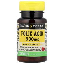 Mason Natural, Ácido Fólico, 800 mcg, 100 Tabletas
