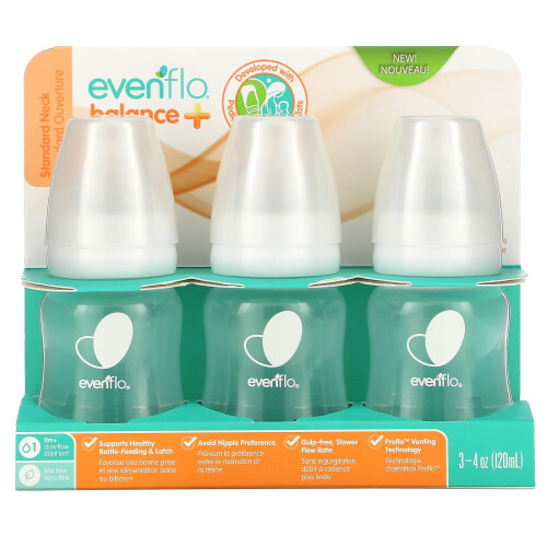Evenflo Feeding, Balance+ Flaskor, Standard, 0+ Månader, Långsam Flöde, 3 Flaskor, 4 oz (120 ml) Varje