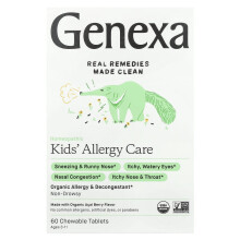 Genexa, Cuidado de Alergia para Crianças, Alergia e Descongestionante, Morango Orgânico Açaí, 60 Tabletes Chupáveis