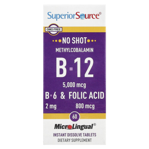 Superior Source, Acido Folico, B-6 e B-12 Methylcobalamina, 5.000 mcg, 60 Compresse Instant Dissolve MicroLingual