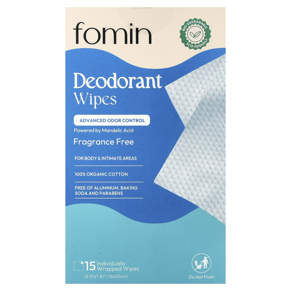 Fomin , Deodorant Wipes, Fragrance Free, 15 Individually Wrapped Wipes