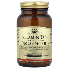 Solgar, Vitamine D3 (Cholecalciferol), 10 mcg (400 IU), 100 Zachte Capsules