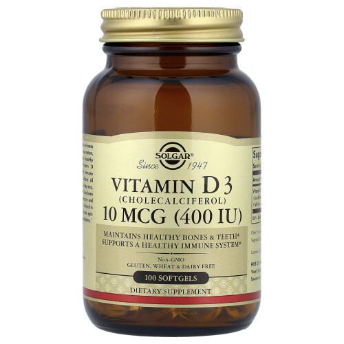 Solgar Σόλγκαρ, Βιταμίνη D3 (Χολεκάλιφερολ), 10 mcg (400 IU), 100 Μυτερά