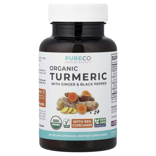 Pure Co., Turmeric con Zenzero e Pepe Nero Organico, 60 Capsule Vegane
