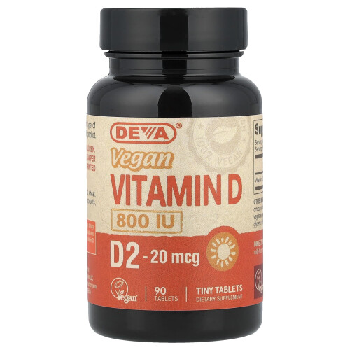 Deva, Wegański Witamin D2, 20 mcg (800 IU), 90 Tabletek