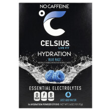 Celsius, Live Fit, Hydratace, Zásadní Elektrolyty, Bez Kofeinu, Blue Razz, 14 Hydratační Prahů, 0,26 oz (7,28 g) Každý