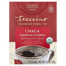 Teeccino, Mushroom Kruidenthee, Biologische Chaga Ashwagandha, Koffievrij, 10 Theeballen, 2,12 oz (60 g)
