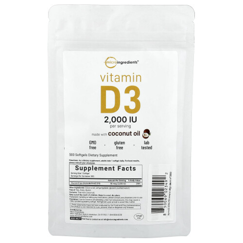 Micro Ingredients, Vitamiini D3, 2 000 IU, 500 Softgeliä