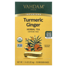 Vahdam Teas, Infusies, Kruiden thee, Turmeric Ginger, Koffievrij, 18 Infusie zakjes, 1.14 oz (32.4 g)