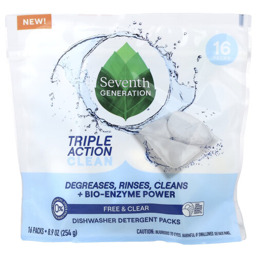 Seventh Generation, Pacotes de Detergente de Louça, Livre e Claro, 16 Pacotes, 8,9 oz (254 g)
