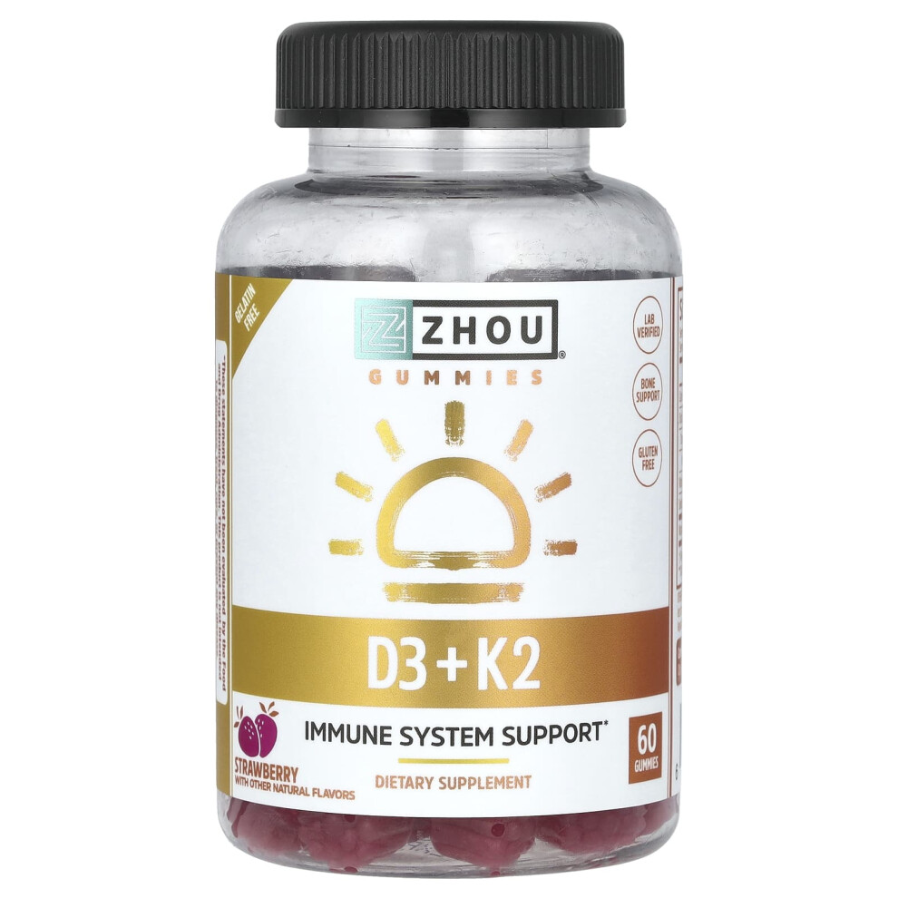 Zhou Nutrition , D3 + K2 Gummies, Strawberry, 60 Gummies