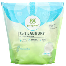Grab Green, 3-in-1 Pesuaineen Pussit, Tuoksuton, 132 Latausta, 4 lbs 10 oz (2112 g)