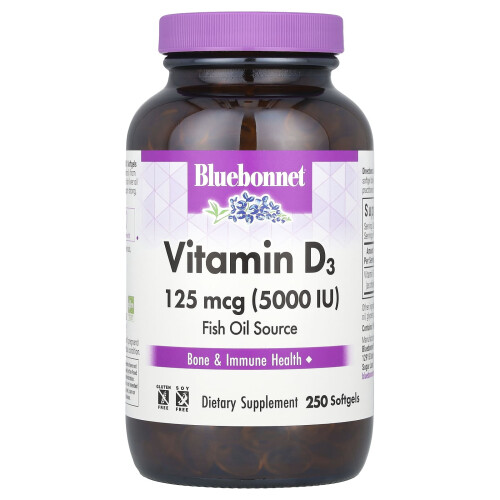 Bluebonnet Nutrition, Vitamiini D3, 125 mcg (5000 IU), 250 Pehmolevy