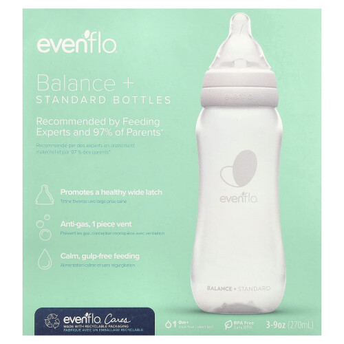 Evenflo Feeding, Balance+ Flaskor, Standard, 0+ Månader, Långsam Flöde, 3 Flaskor, 9 oz (270 ml) Varje