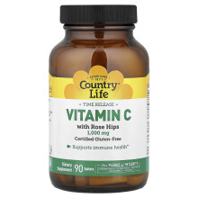 Country Life, Aikasäännöllinen Vitamiini C Rose Hipin kanssa, 1 000 mg, 90 Tablettia