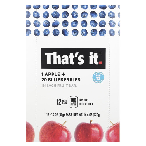 That's It, Fruit Bars, Apple + Blueberries, 12 Bars, 1,2 oz (35 g) Each