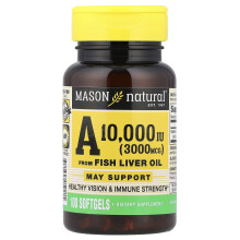 Mason Natural, Vitamin A från fiskleverolja, 3 000 mcg (10 000 IU), 100 mjuka kapslar