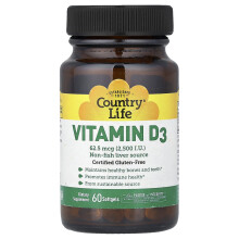 Country Life, Vitamina D3, 62,5 mcg (2.500 IU), 60 Softgels