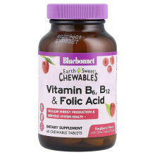 Bluebonnet Nutrition, Földi édeszete Chewables, Vitamin B6, B12 és Folsav, Rózsa, 60 szedhető tabletta