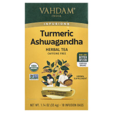 Vahdam Teas, Infusies, Turmeric Ashwagandha, Koffievrij, 18 Infusiezakjes, 1,14 oz (32,4 g)