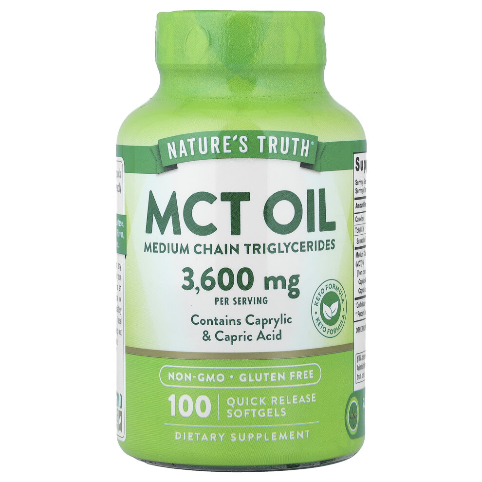 Nature's Truth , Vitamins, Mct Oil, 3,600 Mg, 100 Quick Release Softgels (1,200 Mg Per Softgel)