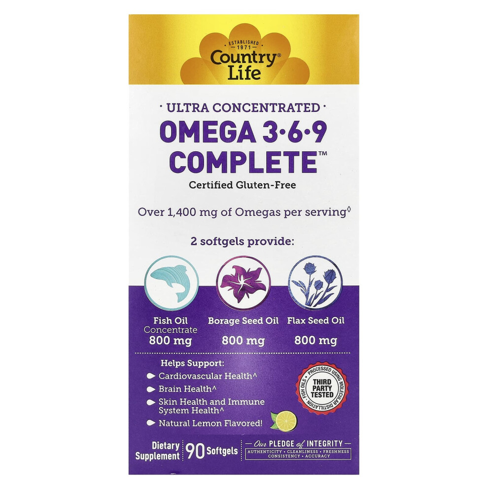 Country Life , Ultra Concentrated Omega 3-6-9 Complete, Natural Lemon, 90 Softgels