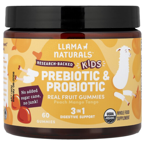 Llama Naturals, Kinderen Prebiotisch & Probiotisch, Echte Fruit Gummies, Peach Mango Tango, 60 Gummies