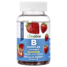 Lifeable, B Kompleks + Witamina C Gummies, Bez Cukru, Truskawka, 60 Gummies