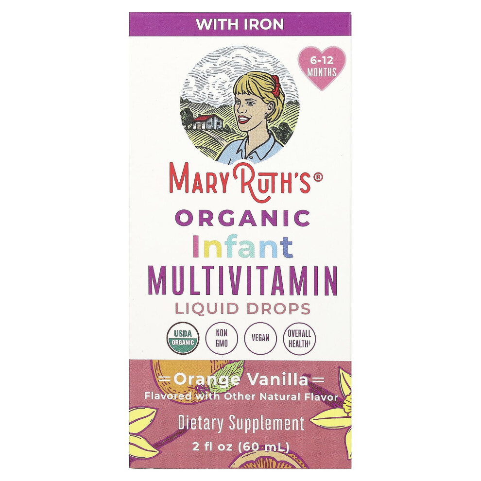 Maryruth's Orange Organic Infant Multivitamin Liquid Drops, 6 - 12 Months, Vanilla, 2 Fl Oz (60 Ml)