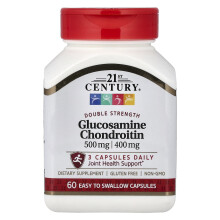 Glukozamina / Chondroityna od 21st Century, Podwójna siła, 1500 mg / 1200 mg, 60 łatwych do połknięcia kapsułek (500 mg / 400 mg na kapsułkę)