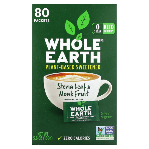 Whole Earth, Στεβία Φύλλο & Φρούτο Μονοπάτου με Ερυθρίτιο, 80 Πακέτα, 5.6 oz (160 g)