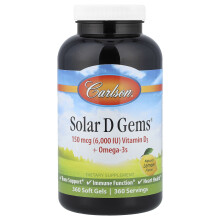 Carlson, Solar D GemsÆ , Vitamin D3 + Omega-3s, Naturlig Lemon, 360 Soft Gels