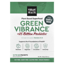 Vibrant Health, Green Vibrance +25 miliardi di Probiotici, Versione 21.0, Pacchetti da 15 To Go, 5.82 oz (165 g)