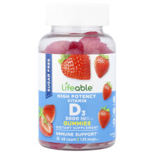 Lifeable, Gomas de Vitamina D3 de Alta Potencia, Fresa, 125 mcg (5,000 IU), 60 Gomas