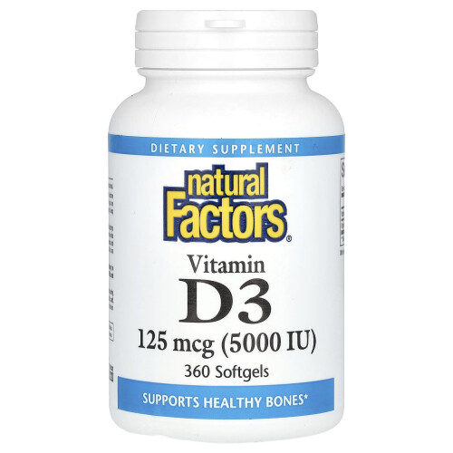 Natural Factors, Vitamiini D3, 125 mcg (5,000 IU), 360 Pehmolevytabletteja