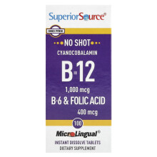 Superior Source, Cyanokobalamina B-12, B-6 & Kwas Folianowy, 100 Tabletek Mikro Lingualnych
