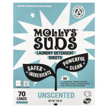 Molly's Suds, Fogli di Detersivo per Lavatrice, Senza Profumo, 35 Fogli
