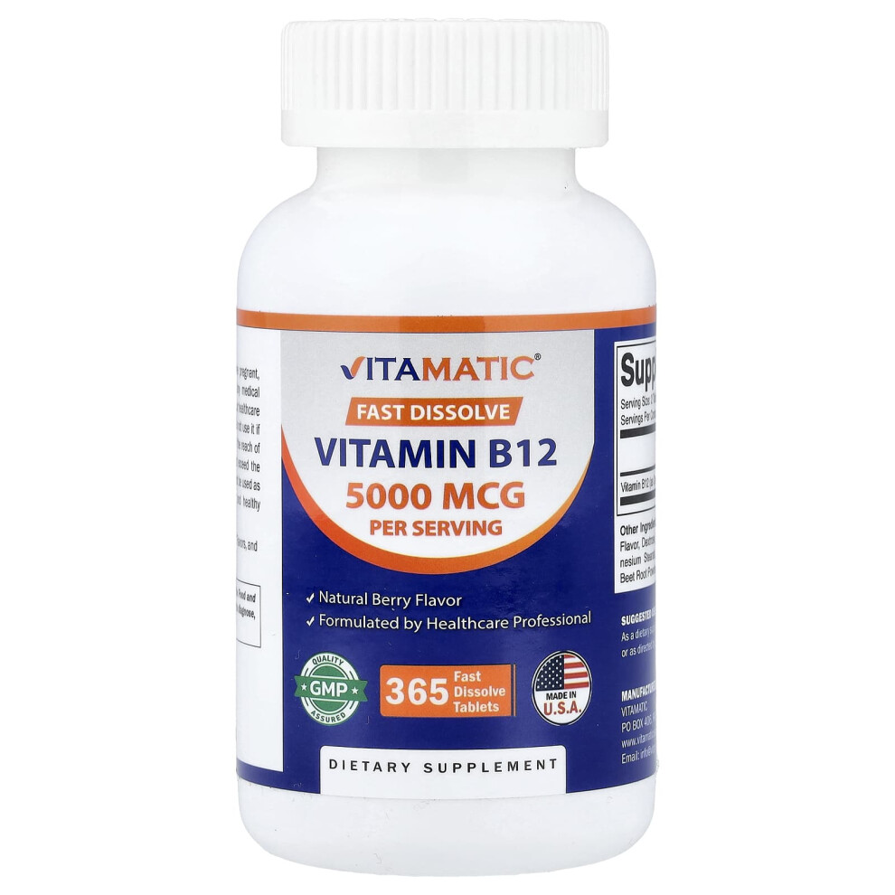 Vitamatic , Vitamin B12, Natural Berry, 5,000 Mcg, 365 Fast Dissolve Tablets (2,500 Mcg Per Tablet)