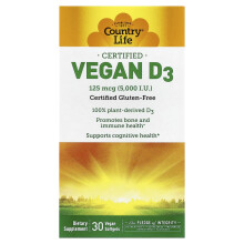 Country Life, Odpowiednio weryfikowany D3 wegański, 125 mcg (5,000 IU), 30 Vegan Softgels