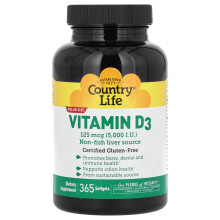 Country Life, Vitamin D3, 125 mcg (5,000 IU), 365 Softgels