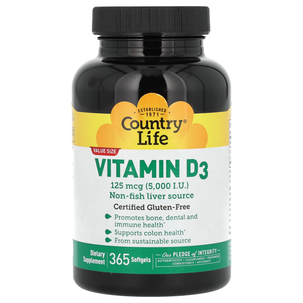 Country Life , Vitamin D3, 125 Mcg (5,000 Lu), 365 Softgels