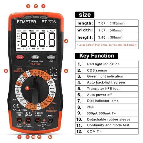 BTMETER BT-770S Multimeter Manual Ranging Electric Meter, for AC  Volt Amp Ohm Capacitance Frequency with Continuity Tester 1