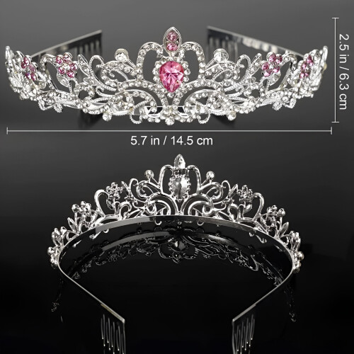 Tiara de cristal rosa com pentes para mulheres 1