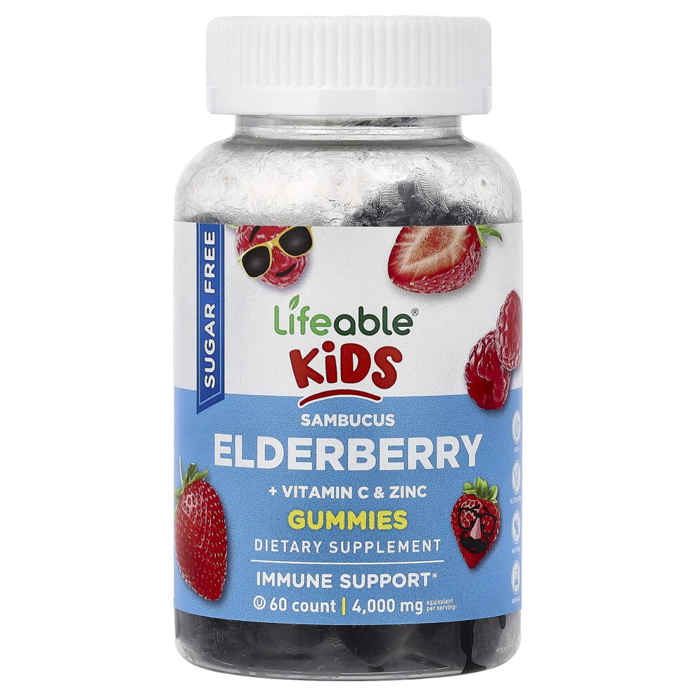 Lifeable , Kids, Sambucus Elderberry + Vitamin C & Zinc Gummies, Berry, 60 Gummies