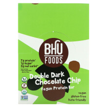BHU Foods, Bar di Proteine Vegani, Cioccolato Nero Doppio Chip, 12 Bar, 1.6 oz (45 g) Ogni