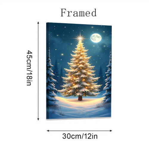 Winter Night Sky Canvas Art – Snow, Christmas Tree, Moon 1